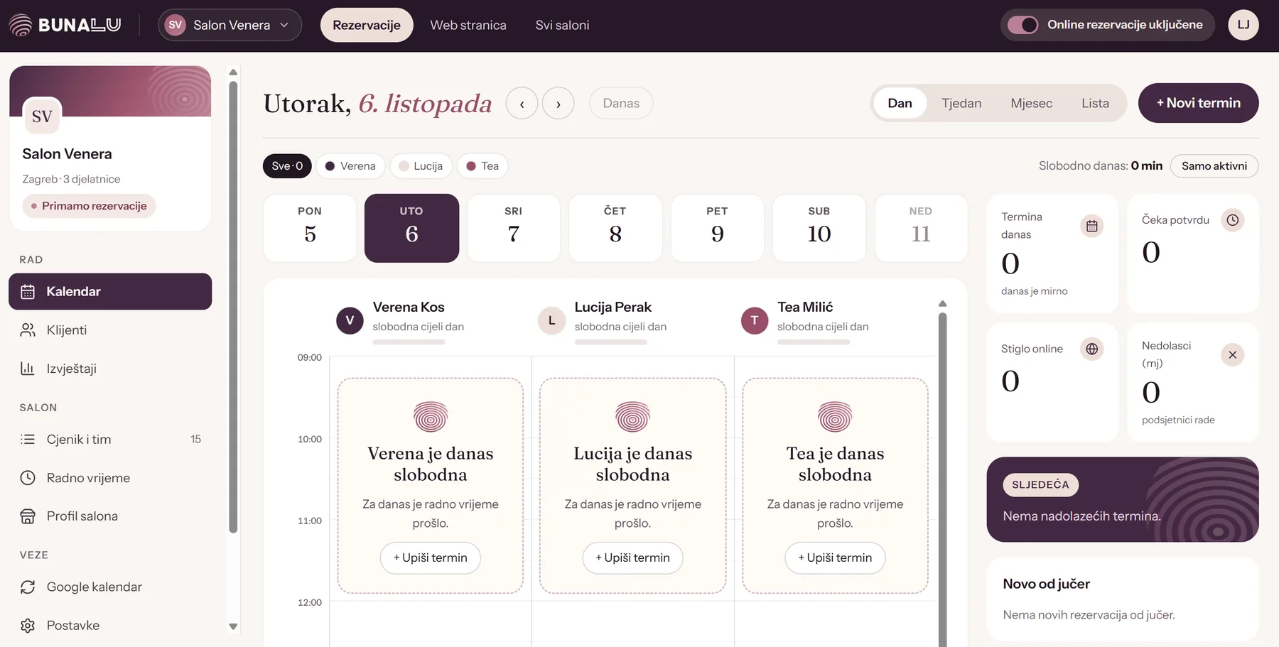 Bunalu kalendar salona: dnevni pregled po djelatnicama, termini danas, online rezervacije i nedolasci